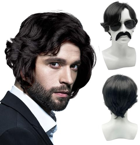 UILYNIU 3 Stück Herren Perücke Locken 70er Jahre Disco Dude Perücke Sonnenbrille Schnauzbart Gangster Herrenperücke Schwarz, Rock Hippie Perrücke für Herren Halloween Fasching Mottoparty (Schwarz)