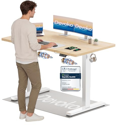 Devoko Höhenverstellbarer Schreibtisch mit 2 Motoren，25mm Einteilige Tischplatte, 140x70 cm Mobiler Elektrisch Computertisch mit Kabel Management, Eiche - Perfekte Ergonomie für Dein Büro