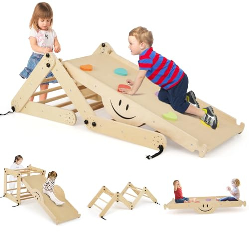 COSTWAY Juego de Escalada Montessori, Escalador de Madera Plegable con Rampa Ajustable y Reversible, Rocas de Escalada Coloridas y Balancín, Gimnasio de Escalada Interior para Niños (Natural)