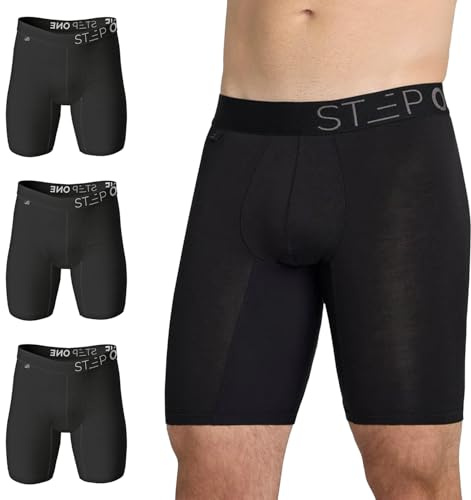 STEP ONE 3-Pack Boxer Briefs Sport. Longer Length Mens Boxers Shorts with 3D Pouch, Anti Chafing Underwear Mens, Breathable Bamboo, All-Day Comfort for Sports & Fitness Black X-Large