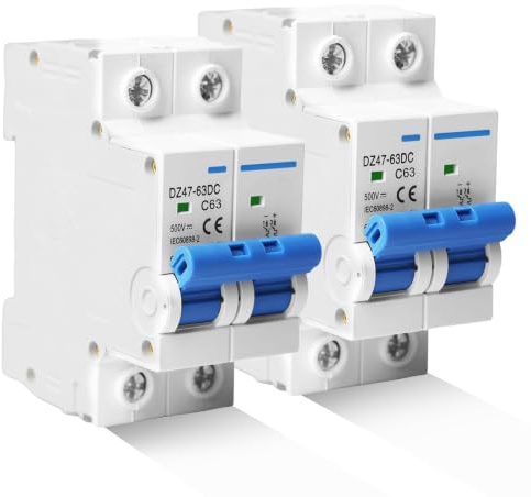 2 Stück DC Trennschalter PV Anlage, 500V 63A 2 Polig Solar Leitungsschutzschalter, Sicherungsautomat Schutzschalter für Photovoltaik-Systeme, Schutzluftschalter 35mm DIN-Schienenmontage