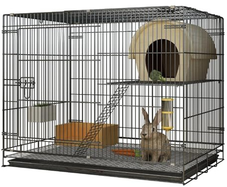 Indoor Kaninchenkäfig 2-stöckiger Kaninchenstall mit Tablett und verbreiterter Plattform, leicht zusammenklappbarer Kleintierkäfig für Kaninchen, Meerschweinchen und Chinchillas