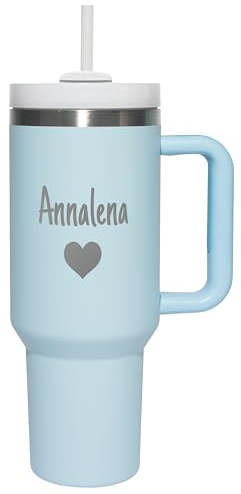 Thermobecher personalisiert „Wunschname“ mit Gravur & wählbarem Symbol - Trinkbecher mit Deckel und Strohhalm 1,2 l / 40 oz - Geschenk Geburtstag Weihnachten - Farbe Baby Blue