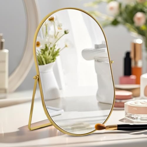 Makeup Mirror Oval Vanity Mirror Large Cosmetic Vanity Mirror Metal Frame with Stand 360° Swivel & Adjustable HD Definition Countertop Tabletop Mirrors for Vanity Dresser, Bathroom, Bedroom, Desk