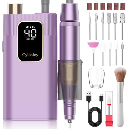 CyleeJoy Ponceuse pour Ongles Professionnel 40000 tr/min, 12 en 1 Ponceuse Ongles pour Acrylique/Gel, Lime a Ongle Electrique Portable Rechargeable, Set Manucure Pédicure pour Salon/Maison (Violet)