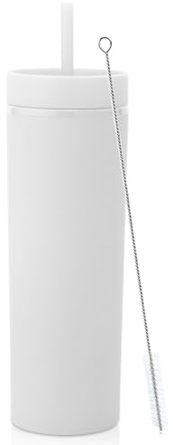 Volhoply Vaso delgado de plástico de 20 onzas, vasos de doble pared con tapa y popote, taza de café helado de viaje reutilizable, tazas de agua de acrílico mate sin BPA con popote para fiestas