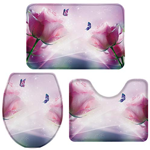 Badezimmer Vorleger 3-Teiliges Romantischer Blumen- Und Schmetterlingsdruck Badteppich Set 3-Teilig Weiches Badezimmer-Garnitur Saugfähiges Badematte Für Badewanne Schlafzimmer Dusche