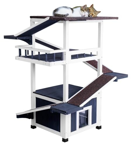 Cat Tree Outdoor Cat Shelter Weatherproof Feral Cat House Multi-Level Outside Wooden Kitten Condo with Escape Door