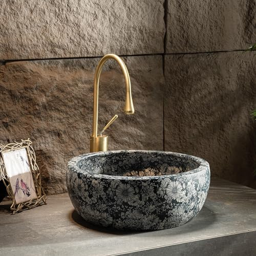 Above Counter Bathroom Vessel Sink with Faucet, Small Ceramic Cloakroom Basin Retro Pattern Round Vanity Sink, Countertop Corner Washbasin, Standard Drain Holes