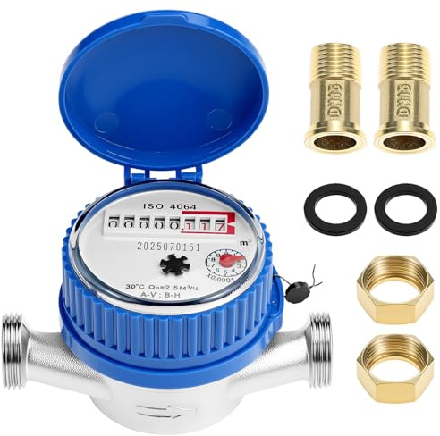 QWORK® Compteur d'eau pour jardin, compteur eau froide 1/2 pouce avec couvercle de protection et connecteur en laiton, pour la maison