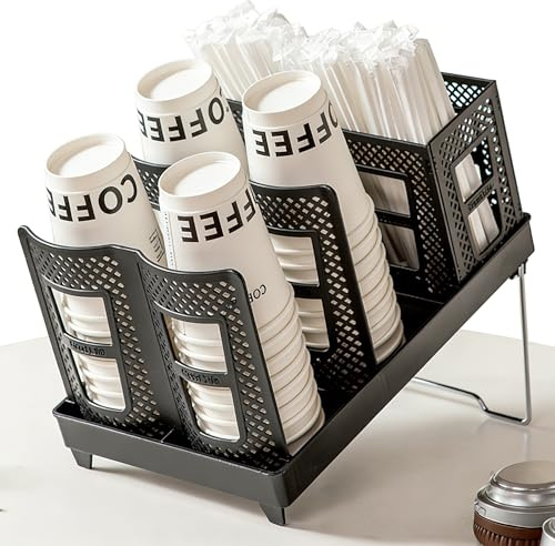Organizador de tazas de café desechables, soporte para tazas y tapas con soporte, 6 compartimentos, organizador de vasos de papel, dispensador de vasos desechables para estación de café, oficina