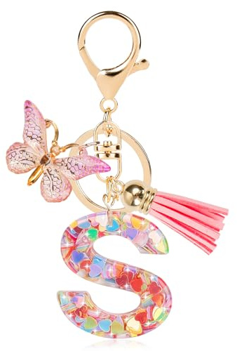 porte clé kawaii, porte cle femme papillon mignon, porte clef femme voiture rose à paillettes, résine alphabétique, porte-clés pour filles pour sac à dos, porte cle écolier (Rose-S)
