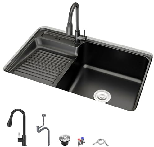Lavabo Salle de Bain Noir avec Planche à Laver, Vasque à Poser Salle de Bain en Acier Inoxydable avec Robinet Mitigeur Extractible pour Cuisine et Buanderie(82x48.5x25cm/32x19x9.8in)