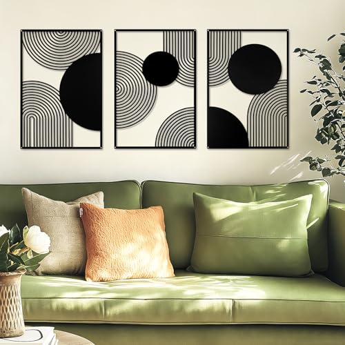 3 Stück Metall Wanddekoration Metall Geometrische Wanddekoration Schwarzes Metall Minimalistische Wanddekoration Metall Vertikale Abstrakte Wandkunst für Zuhause Wohnzimmer Schlafzimmer (Halbkreis)