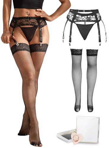 ohyeahlady Calze e Reggicalze Completo Hot taglie forti Reggicalze Curvy Con Clip Calze Autoreggenti Da Donna Intimo Sexyhot Completino Intimo Biancheria Intima XL-XXL,Nero+Bas