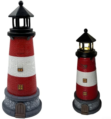 Feeshoppher Faro ornamentale a energia solare in resina con stile mediterraneo e illuminazione notturna automatica per giardino, patio o prato, design costiero blu e rosso (B)