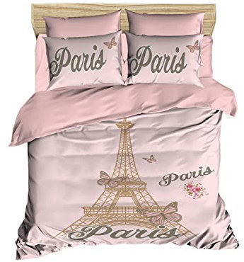 OZINCI Set di biancheria da letto Parigi a tema Torre Eiffel, 100% cotone, set copripiumino esclusivo, design speciale di lusso, set di biancheria da letto per ragazze, completo letto matrimoniale