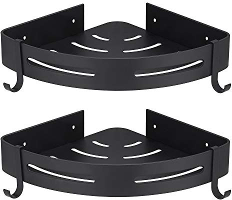 Hoomtaook Duschablage Duschregal Schwarz Ohne Bohren Ecke, Badezimmer Regal Badregal Aluminium Duschkorb Bad Organizer Accessoires Matte Finish Duschkörbe & Duschablagen 2 Stück Mit Häkchen Schwarz