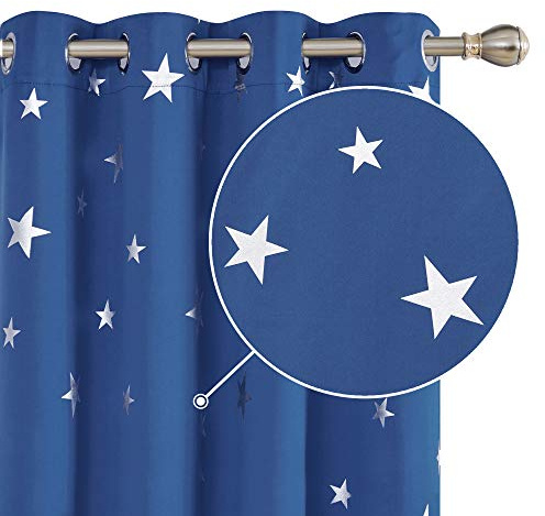 Deconovo Home Decoration Star Foil Printed Blackout Curtains Energy Saving Thermal Insulated Eyelet Room Darkening Curtains for Doors 66 x 54 Inch Blue 2 Panels