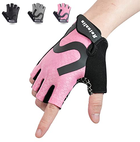 Reinalin Fahrradhandschuhe Halbfinger Herren Damen Gel Stoßdämpfung Fitness Handschuhe Atmungsaktiv Anti-Rutsch Radhandschuhe (Rosa, XL)