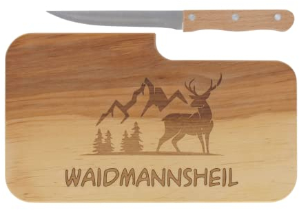 LASERHELD | Brotzeitbrett Holz mit Gravur “Waidmannsheil” & Messer | 26 x 15 cm | Frühstücksbrettchen Holz Schneidebrett Jausenbrett | Geschenk für Jäger zum Vatertag Vatertagsgeschenk