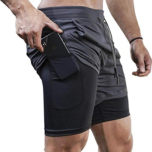MANLUODANNI Herren Running Shorts, 2 in 1 Shorts Men Laufshorts Fitness Sporthose Kurz Jogginghose Schnelltrocknende Laufhose mit Taschen Reißverschlussfach Dunkelgrau L