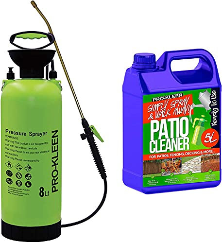 Pro-Kleen Patio Cleaner Garden Pressure Pump Sprayer 8L Manual Action With Brass Lance - Spare Seal Kit - Ready to Use 5L - Also For Weed Killer, Pesticides, Herbicides, Insecticides, (8 Litres)