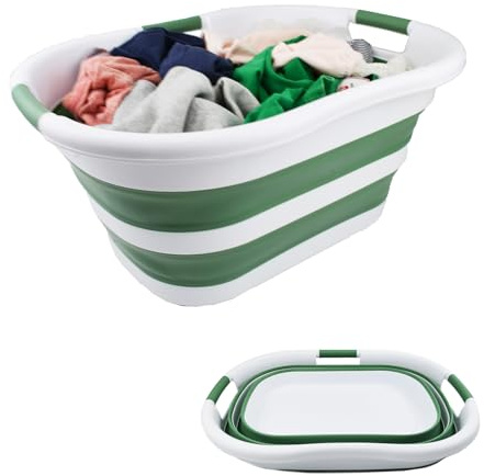 SAMMART faltbarer Wäschekorb aus Kunststoff, 40 l, zusammenklappbarer Pop-Up-Aufbewahrungsbehälter/Organizer – tragbare Waschwanne – platzsparender Wäschekorb (1, Weiß/Dunkelmeergrün)