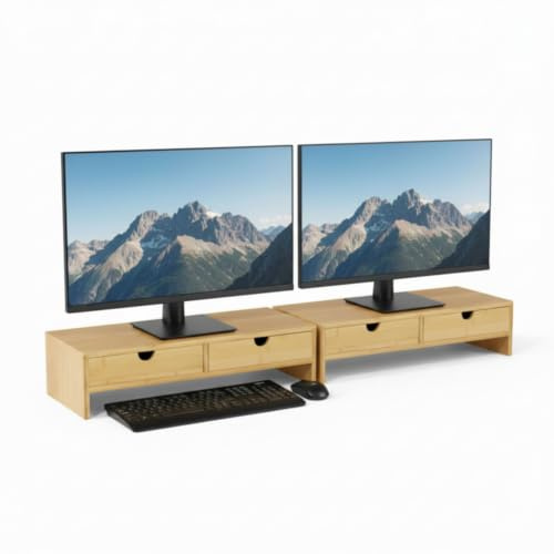 Osco Bamboo Monitor Stand Riser with 2 Drawers – 2 Pack Fully Assembled Sustainable MOSO Bamboo Desk Raiser for Computer or Laptop – Natural Wood Finish, 11×47×18 cm