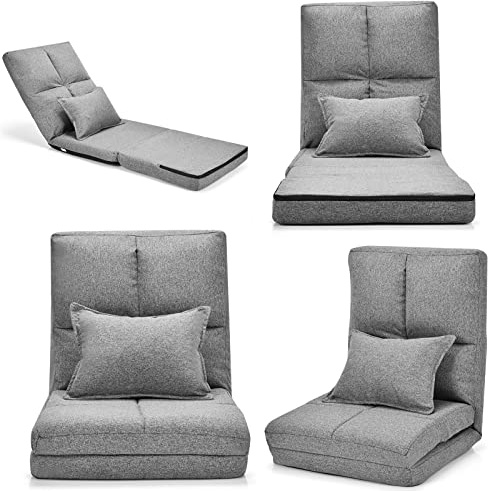 LIFEZEAL Sofá de Suelo Plegable, Silla de Piso sin instalación, sofá Perezoso Ajustable en 5 Posiciones, Silla de Suelo con cojín Lumbar para Leer, meditar en el salón (Gris)