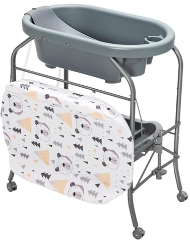 GOPLUS Baignoire Pliable Bébé, Baignoire Bebe sur Pied, avec Panier de Rangement et Roues Verrouillables, Charge 35 KG, 4 en 1 Table a Langer avec Baignoire pour 0-12 Mois (Gris Foncé)