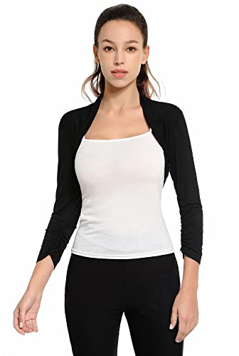 AmélieBoutik Women Ruched 3/4 Sleeve Bolero Cropped Cardigan Shrug(Black Medium)