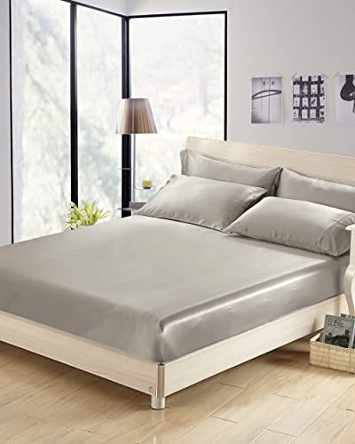 LILYSILK 25 Momme Seide Spannbettlaken 100% Maulbeerseide Superweiches Spannbetttuch bis 30cm Matratzenhöhe Atmungsaktive Seide Bettwäsche Elastisches Bettlaken Silber Grau, 160x200+30cm