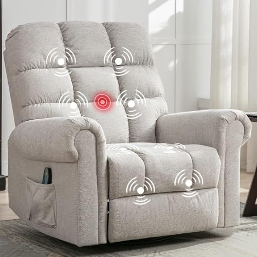 ANJ 360°Swivel Rocker Recliner Chair with Massage and Heat, Manual Overstuffed Oversized Swivel Recliners for Big Man, Large Glider Rocking Reclining Chairs for Nursery, Living Room, Beige