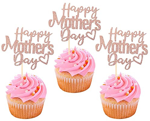 24 Stück Happy Mother's Day Cupcake Toppers Glitter Nummer 1 Mom Love Heart Best Mom Cupcake Picks für Frauen Geburtstag glückliche Muttertag Thema Party Kuchen Dekorationen Zubehör Rose Gold