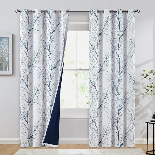 FMFUNCTEX 100% Blackout Curtains for Bedroom Living Room,Blue White Modern Tree Branch Patterned Curtains 108 Inches Extra Long Thermal Insulated Window Panels Grommet Ring Top 2 Panels