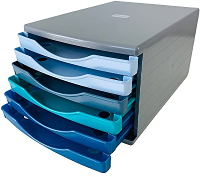 Deflecto Cool Breeze Desk Drawer Set featuring 6 x 30mm Drawers in Deep Blue and Aqua Tones - A4 Desktop Organiser | Cool Breeze Blue modular desktop storage for stationery and office supplies. Stackable space saving drawers, A4 compatible.