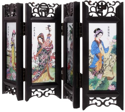 Gogogmee Chinese Style Folding Screen Divider with Four Beauties Resin Panels Antique Room Divider for Home Office Party Photo Props Decoration