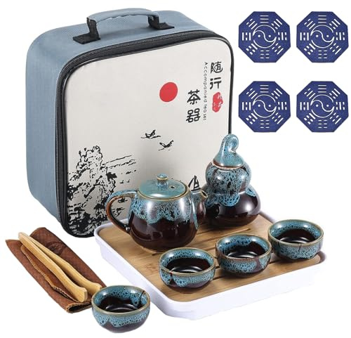 Chinese Kongfu Tea Set,Portable Porcelain Travel Tea Set with Tea cup, teapot, tea caddy, Bamboo Tray,Tea Clip,Tea towel and Carrying Bag Suitable for Travel, Home,Outdoor and Office