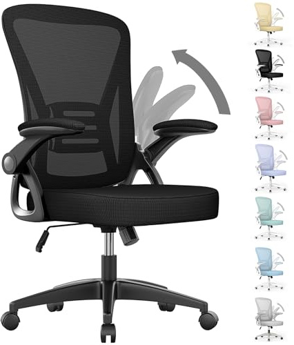 rattantree Silla de Oficina con Reposabrazos Abatibles, Silla de Escritorio Ergonómica con Soporte Lumbar, Silla Giratoria Regulable en Altura, Silla de Malla Transpirable, Negro