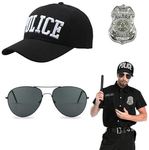 EUPSIIU 3 Piezas Policía Disfraz Swat para Adulto Niños, Accesorios Policiales con Gorra de Policía Regulable Gafas de sol Policía Insignia, Gorra Policía para Fiestas Temáticas Carnavales