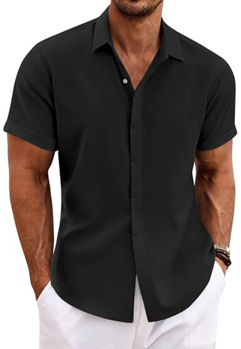 COOFANDY Linen Shirts Men Short Sleeve Casual Summer Beach Shirt Button Down Cheesecloth Shirts Tops Black S