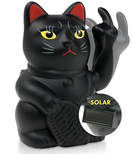 ANGRY CAT Mini Chat Porte-Bonheur Solaire fonctionnant avec Un Doigt d'honneur Amusant - Chat Japonais avec Doigt d'honneur - Figurine décoration - Noir, 10 cm