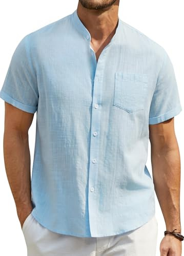 ENLISION Linneskjortor för män kortärmad vardaglig bomull morfar krage skjorta för män Button down sommar Becah Henley tröja toppar, A-ljusblå, M
