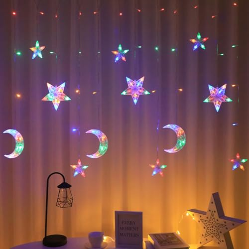 Lichterketten Vorhang Innen, Lichtervorhang 3M LED Lichterkette Stern Mond Lichterkette Vorhang, Ramadan Deko Lichtervorhang Warmweiß Für Weihnachten Hochzeit Party Wand Schlafzimmer Deko (Bunt)