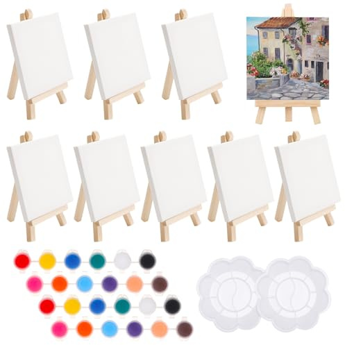 Invalidism 22Pcs Mini Easel Set Art Canvas Paint Pot Set Mini Wooden Artist Tripod for Party Drawing,Tabletop Art and Handicrafts