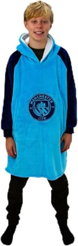 Manchester City FC Oversized Wearable Fleece Blanket, Super Warm and Cosy Premium Sherpa Lined, Design Perfect For Kids Aged 7-12 Years, One Size
