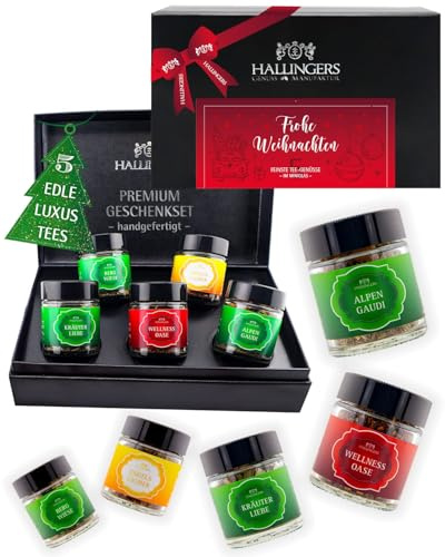 Hallingers Genuss Manufaktur Tee Weihnachts-Geschenk-Set - 5 Sorten premium loser Tee Probierset in edler Geschenkbox mit Rezept-Booklet Frohe Weihnacht..., Weihnachten für Frauen Männer