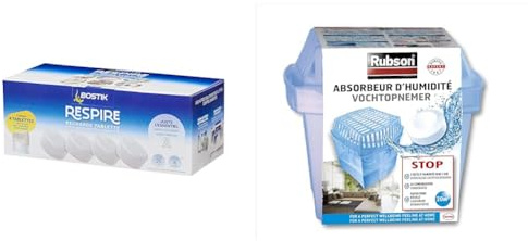 Bostik RESPIRE 4 Recharges Tablettes Déshumidificateur, Sans Colorant ni Parfum Maison & RUBSON absorbeur d'humidité Basic pour pièce de 20 m² - contient une recharge
