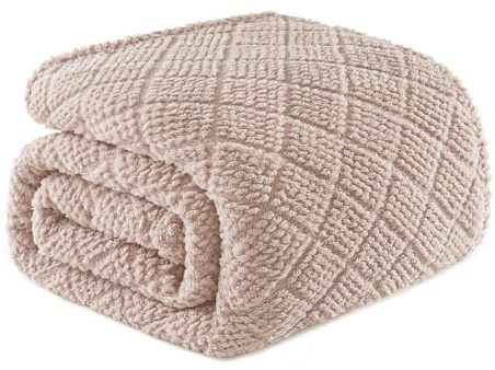 Whale Flotilla Fuzzy Fleece Queen Size Blanket for Bed, Soft Fluffy Jacquard Waffle Blankets for All Season, Lightweight and Warm, 90x90 Inch, Camel